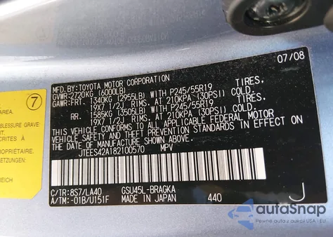 2008 Toyota Highlander Limited z USA, uszkodzony, nr VIN JTEES42A182100570